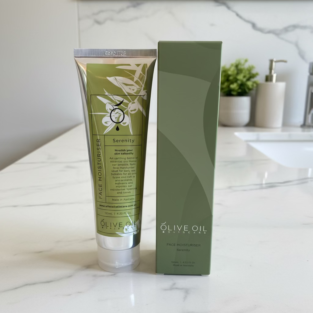 Olive oil facial scrub with packaging on a wooden surface